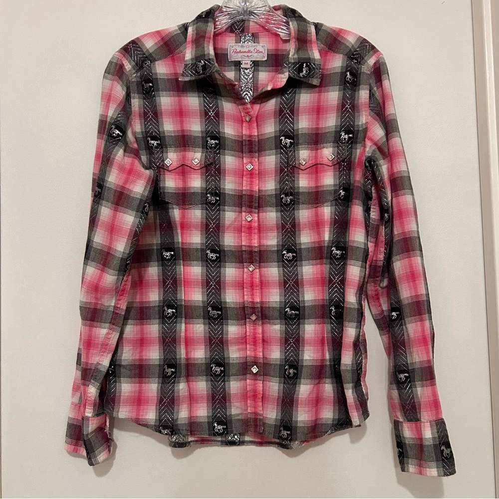 Panhandle Slim Women’s Pink Plaid Western Shirt Pearl Snaps Cowgirl Horse Boho M